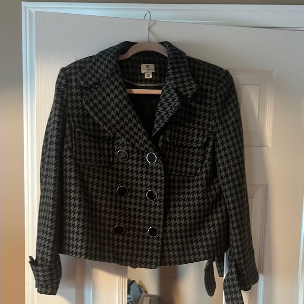 H&M Black and Gray Pea Coat with Classic Houndstooth